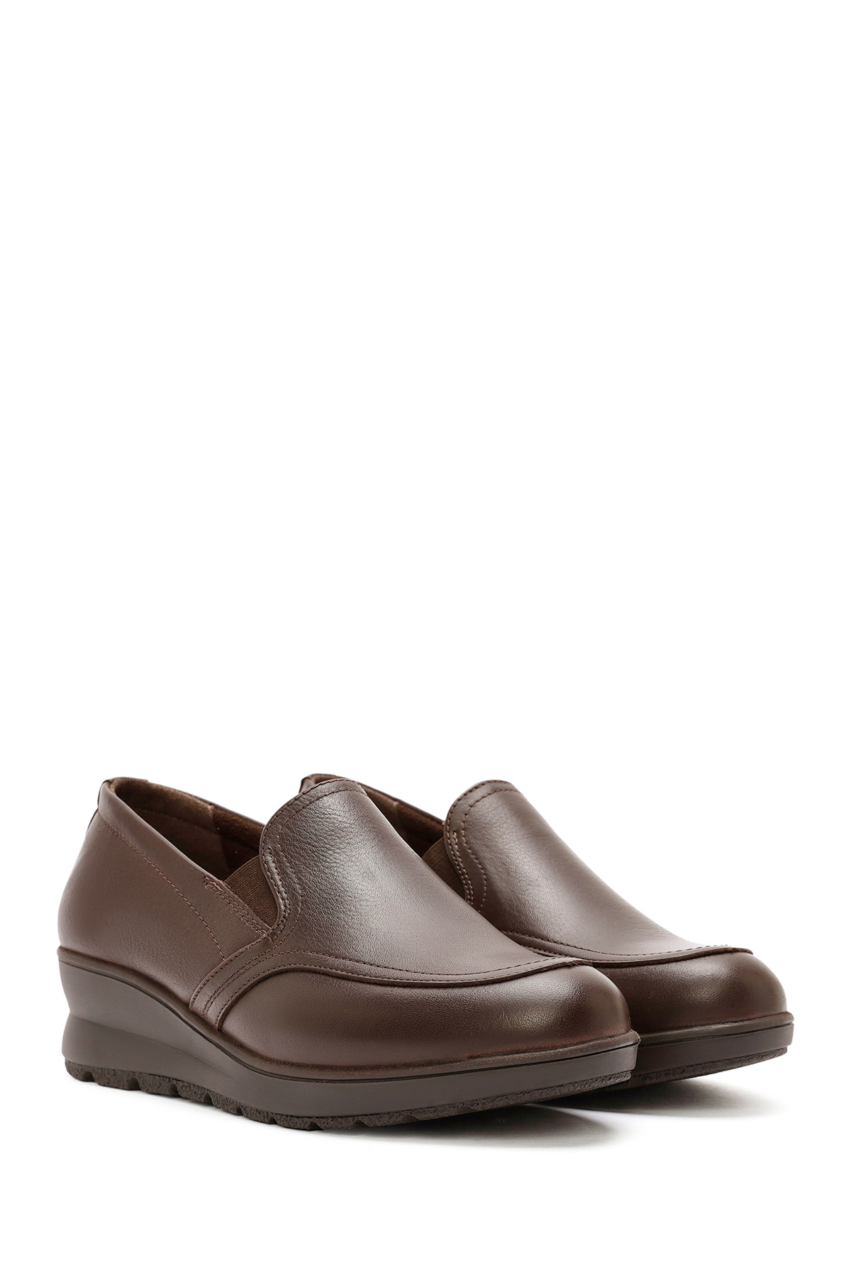 Derimod-Women's Brown Wedge Heeled Leather Comfort Loafer 24Wfd 236818 3