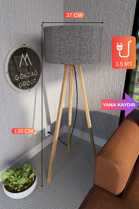GÖKDAĞ GROUP 3 Ayaklı MEGA BOY Tripod Lambader Abajur Koyu Gri Kumaş Başlık