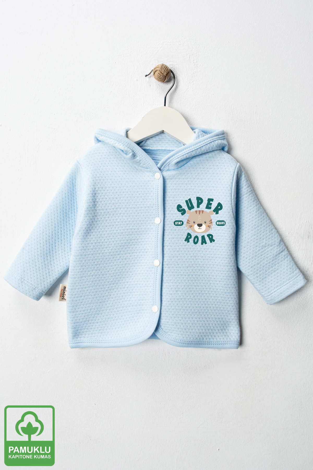 Baby Boy Super Roar Printed Organic Cotton 6-9-12-18 Months Quilted Baby Cardigan