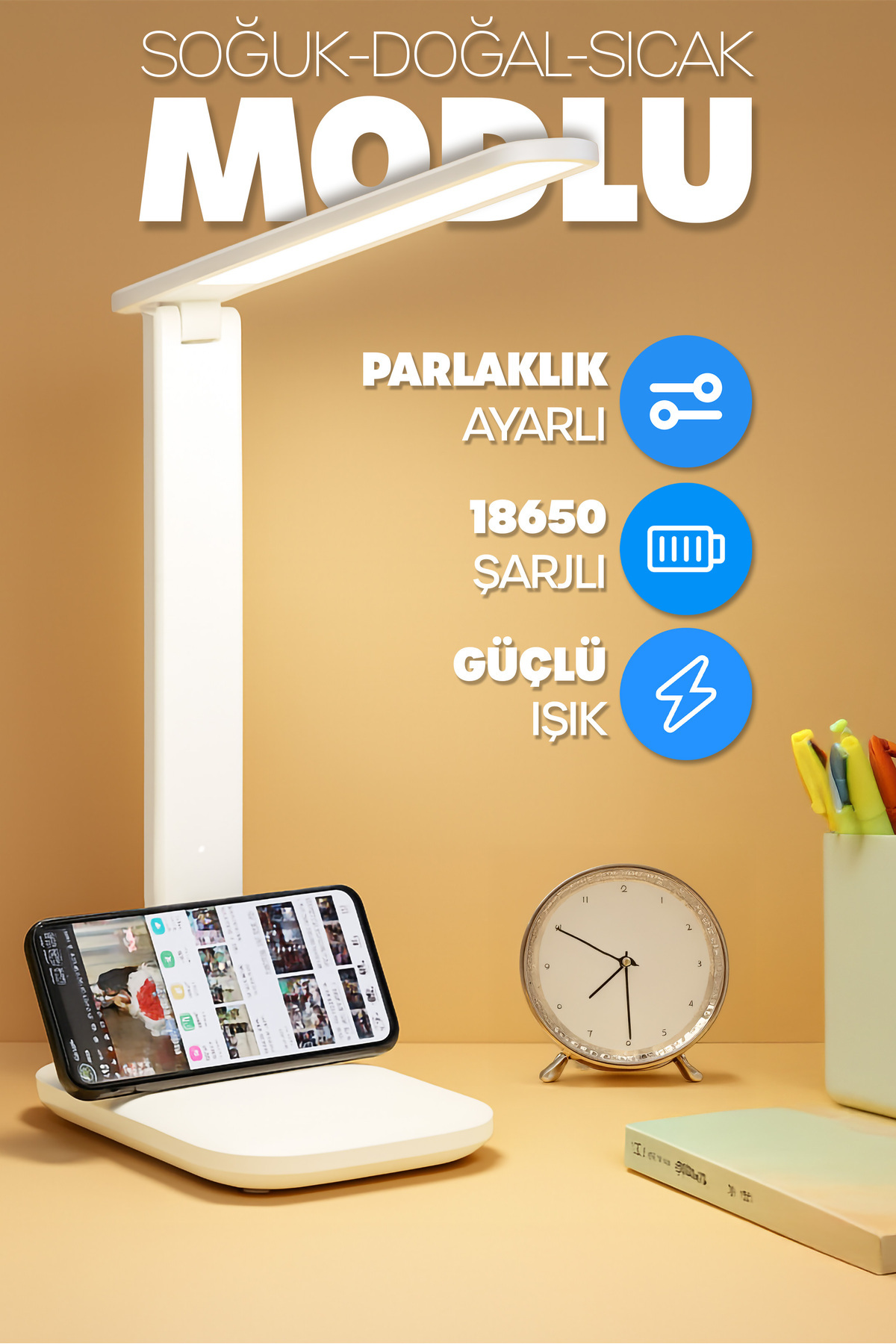 Telvesse Şarjlı Masa Lambası 3 Renk Dokunmatik Telefon Standlı Kademeli Çalışma Okuma Işığı Gece Lambası 9w