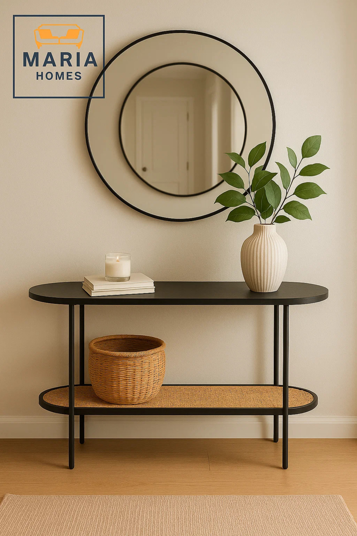 MARIA HOMES-Oval Black Console Table with Rattan Shelf and Metal Frame 2