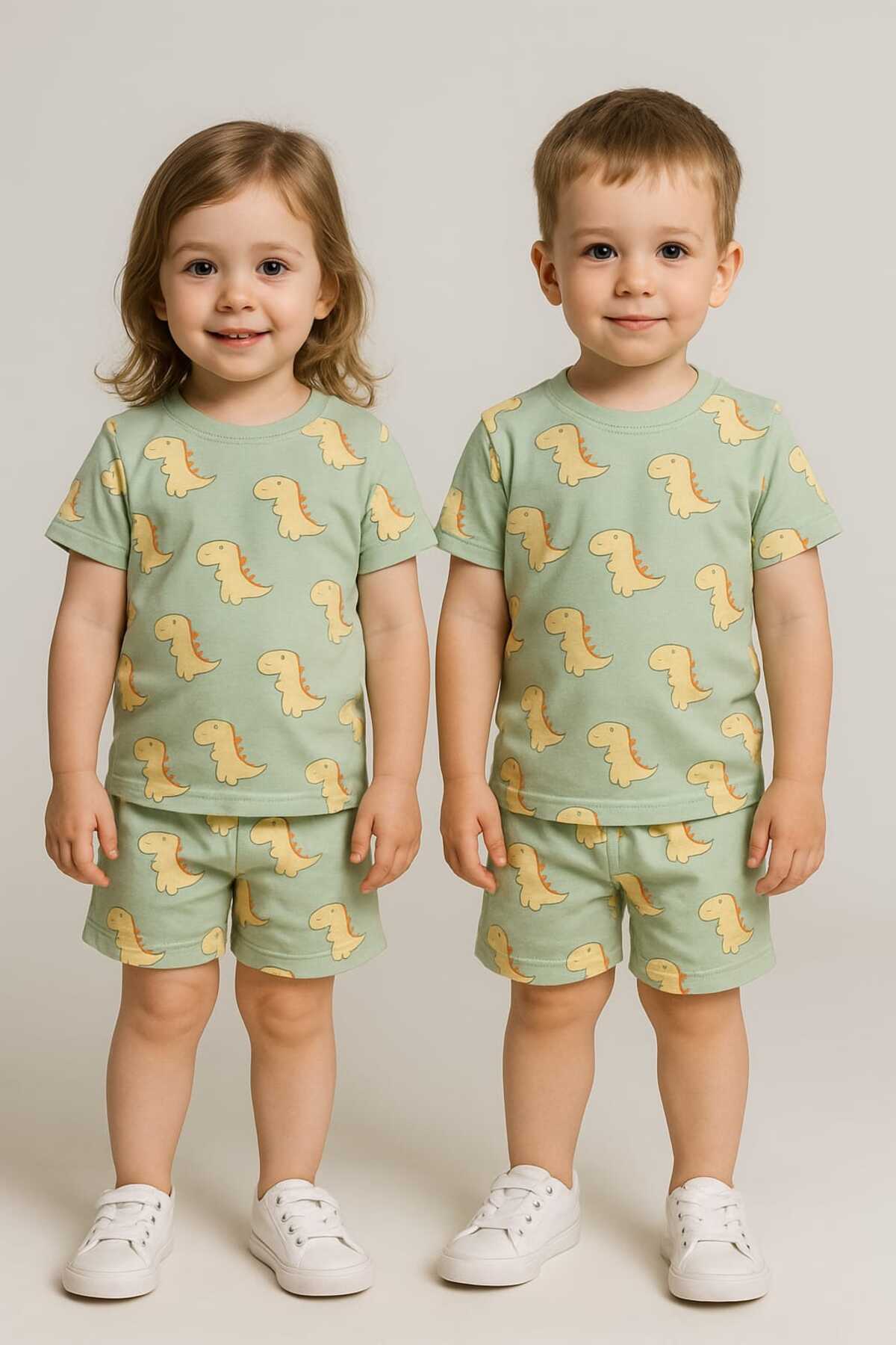 aden kids Pamuklu Dinozor Desenli Geniş Yaka Yazlık Pijama Takımı (0-5 YAŞ) – Unisex / Kız-erkek Çocuk Için fotoğrafı 2 (önizleme)