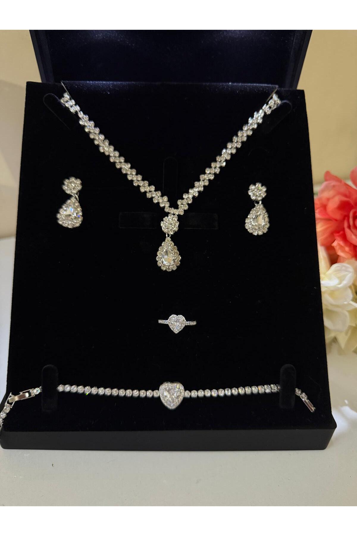 JUPİTER HOME Gümüş Kaplama Su Yolu Kolye Küpe Ve Bileklik Yüzük Seti 4'lü Set Davet Düğün Nişan Abiye