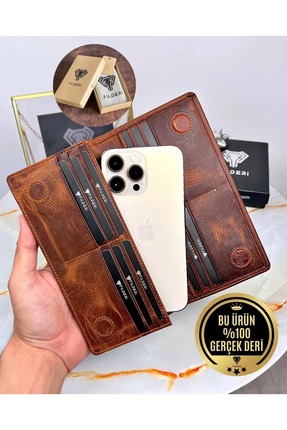 Fil Deri Telefon Bölmeli - Hakiki Deri Cüzdan - Mıknatıslı Ve El Bantlı - Fın...