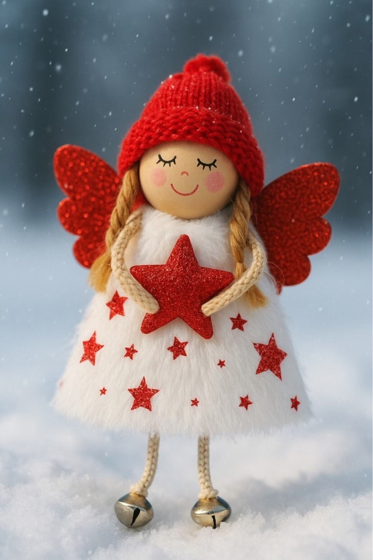 BeySüS Yılbaşı Çam Ağacı Süsü Kar Meleği Kırmızı Kanatlı Yıldızlı