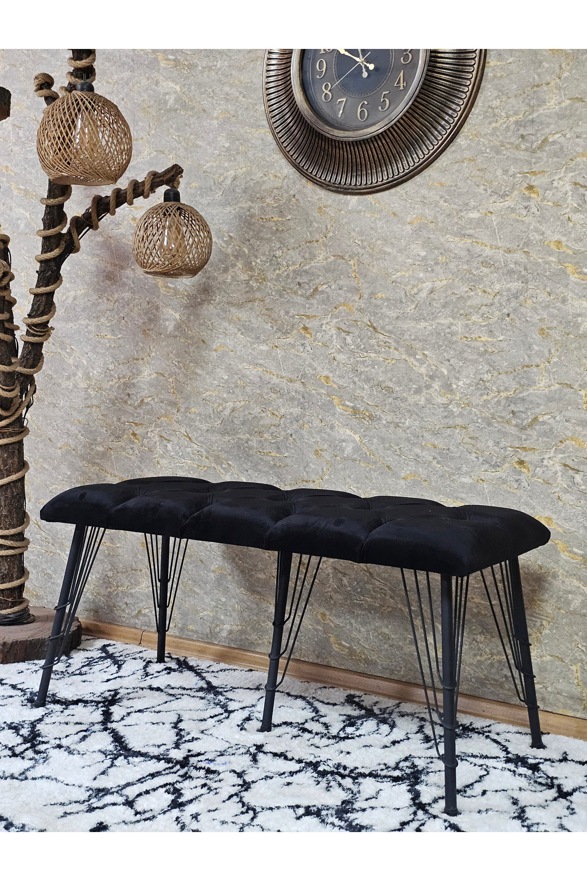 ZAFİR Metal Siyah Tel Ayaklı 100 cm Puf Bench - Puf - Bench - Oturak - Mutfak Oturağı - Antre Oturağı