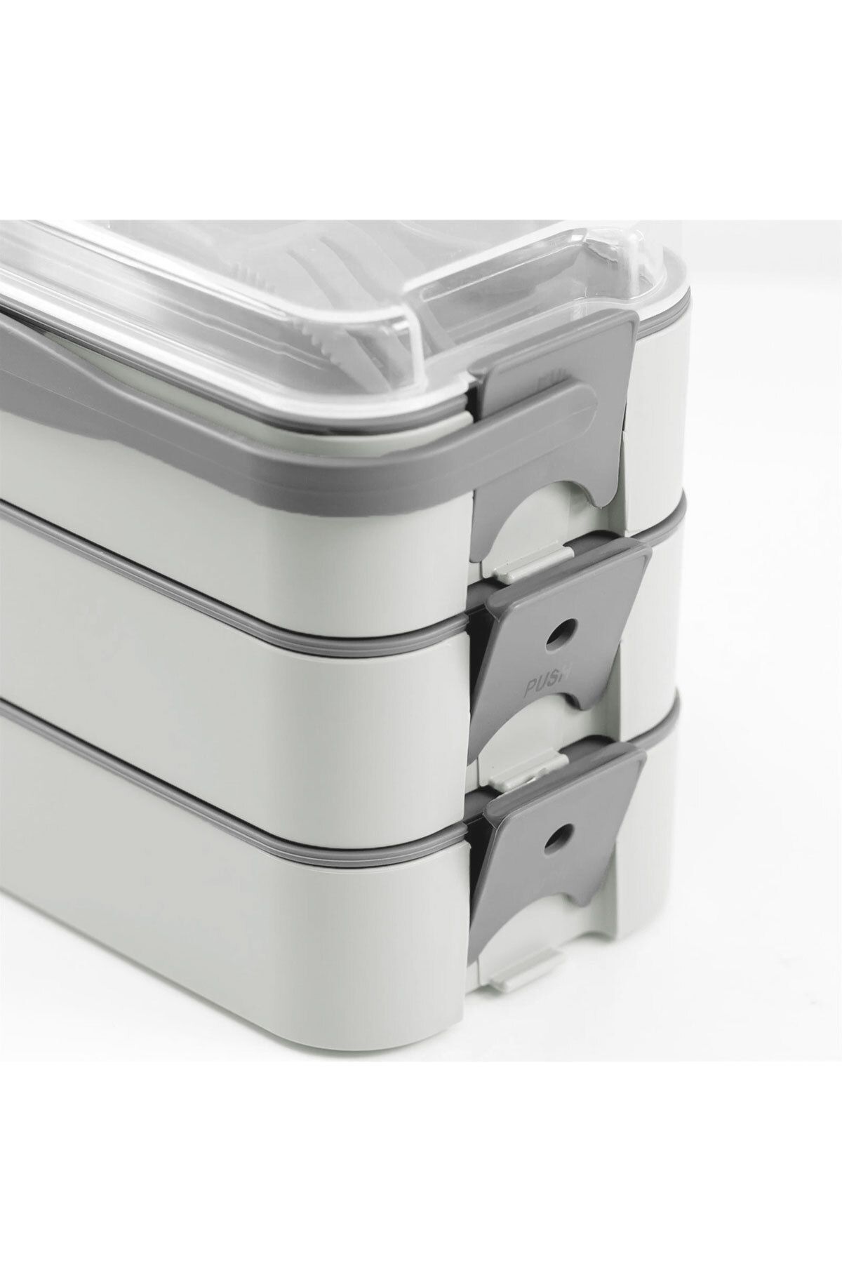 İronika-1260 ml 3 Layer Lid Fork Knife Lunch Box Lunch Box Nutrition Container - Gray 4