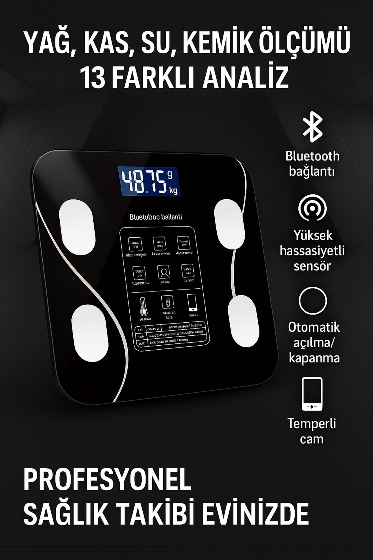 Eşya Dünyası Yağ Kas Değerlerini Ölçen Profesyonel Bluetooth Bağlantılı Baskül Kişisel Verileri Gösteren Tartı
