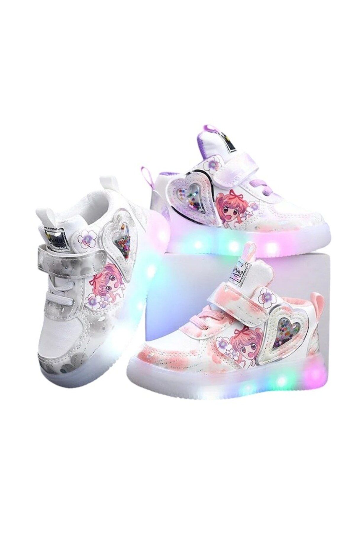 Mixbo-- Girls' Sneakers, Boot-Style, with Velcro, Stars, and Lights, Sole with Patterns, White 27 EU 2