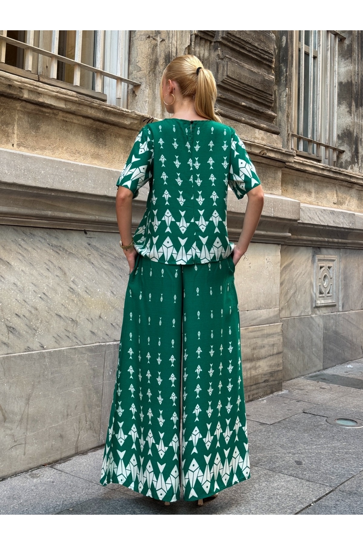 Buklemoda-Viscose Fabric Patterned Wide Leg Bottom Top Set 6
