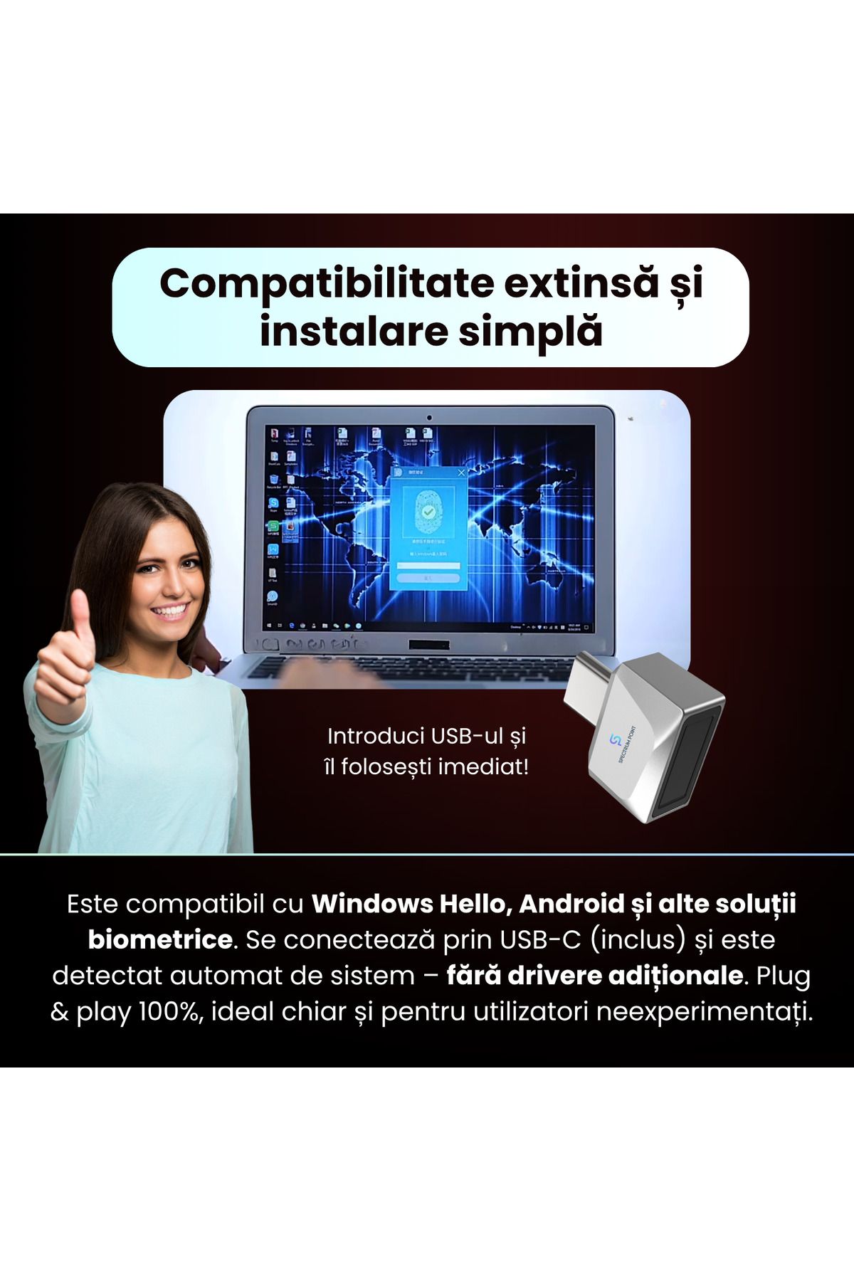 SpectrumPoint-USB-C fingerprint reader model U10, advanced security, compatible with Android and IOS, gray 5