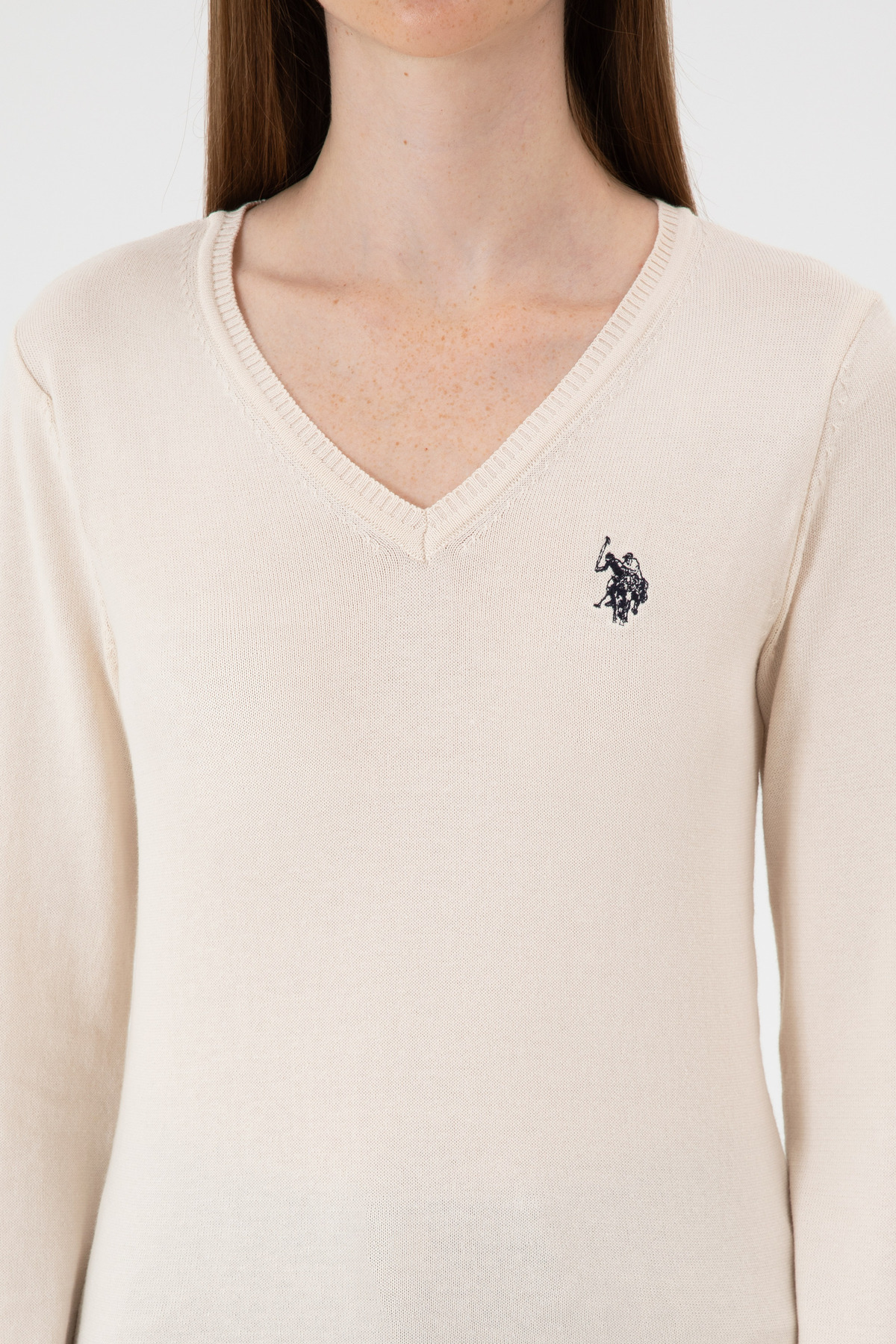 U.S. Polo Assn.  Kadın Krem Melanj V Yaka Basic Kazak 50313590-VR159 - Görsel 6