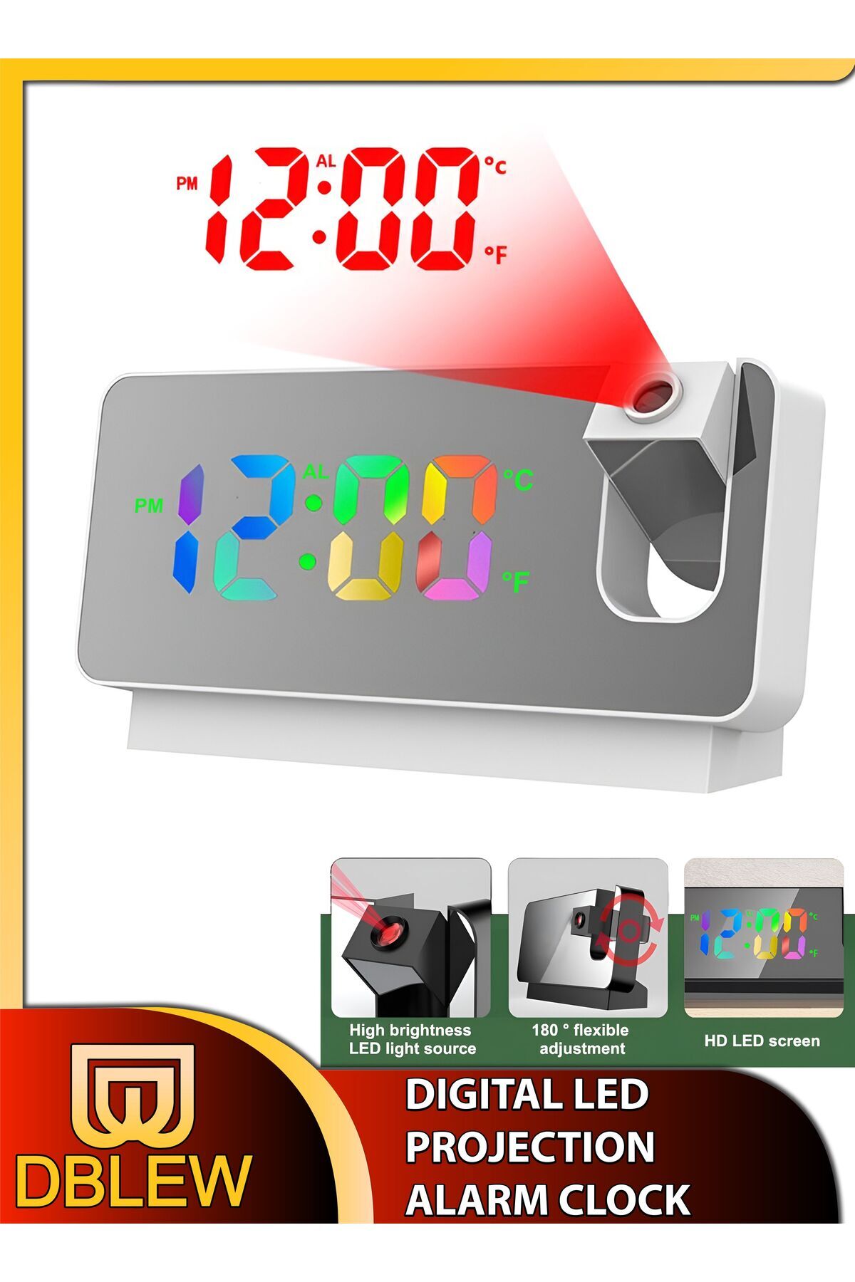 Generic-DBLEW Modern Digital LED Tabletop And Wall Ceiling Projection Alarm Clock Large Display Screen 180 1