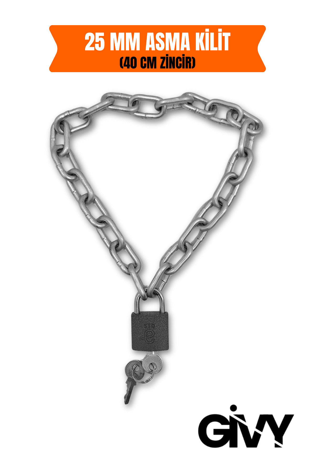 GİVY Gri 25 mm Asma Kilit ve 40 cm Zincir Seti | 25 No Yurt Dolap Kilidi