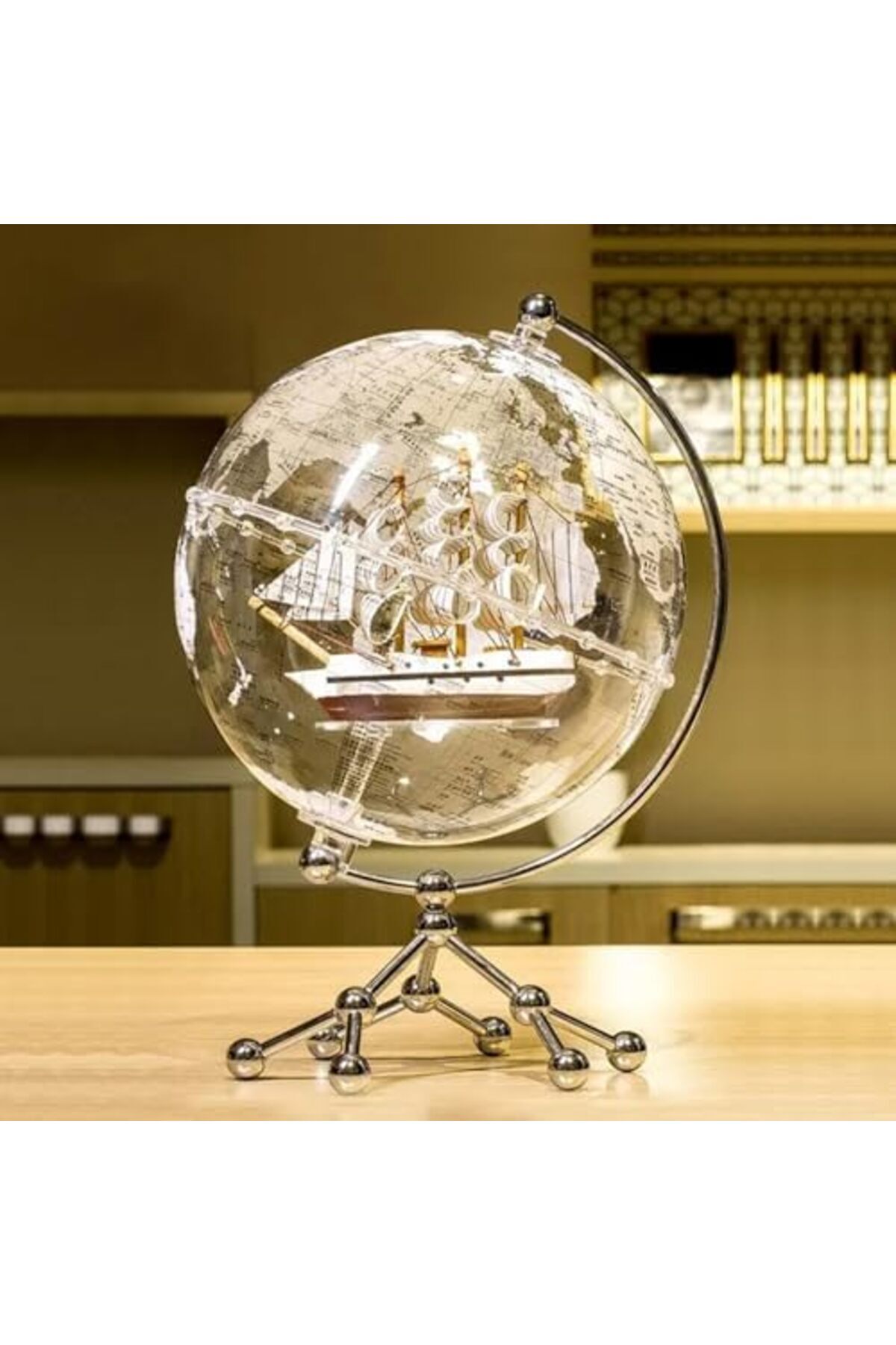 Generic-Rotating World Globe with LED Light & Mini Sailboat - Transparent Gold Design 2