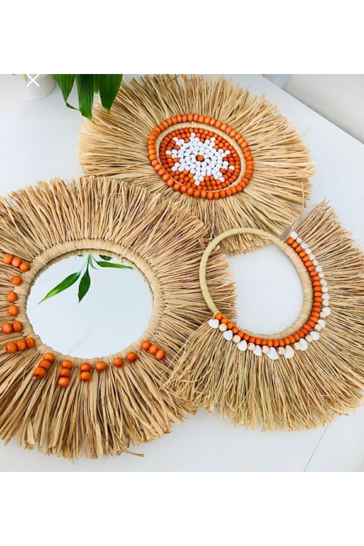 Labor Bohemian 3-Piece Set Raffia Mirror with Beads