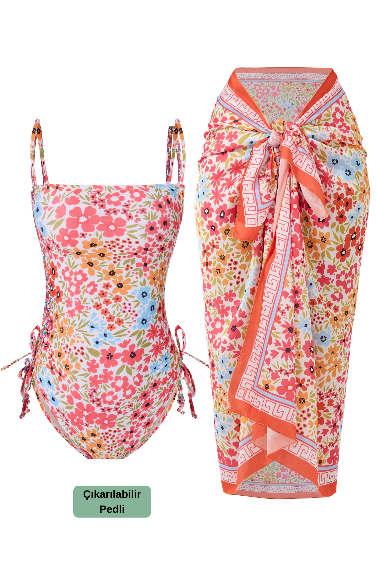 Brazilian 2-Piece Swimwear Pareo Set with Flower Patterned Shirring Detail Adjustable Strap Chest Pads