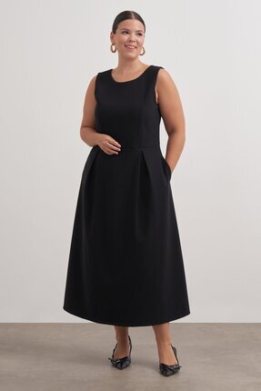Myline Pileli Kolsuz Cepli Uzun Elbise