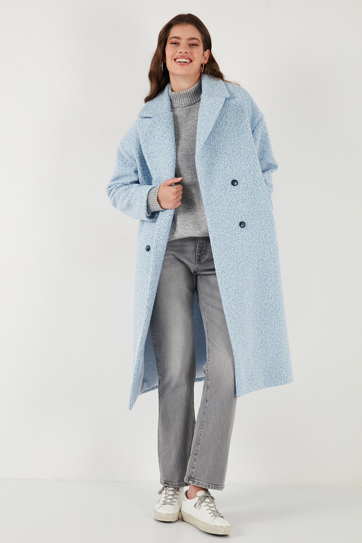 Lela Oversize Fit Mono Yaka Düğmeli Buklet Uzun Kaşe Kaban KABAN 6810236 görsel 6