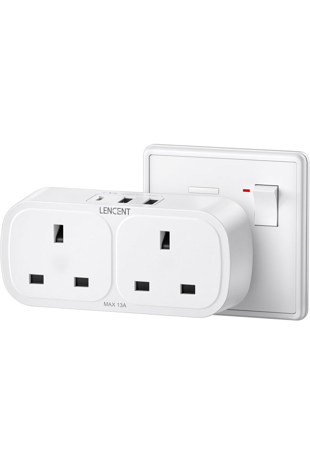 LENCENT-Plug Adapter with 3 USB (Included 1 USB-C), Double Wall Plug Extension, Multi Plug 2 Gang Ex 1