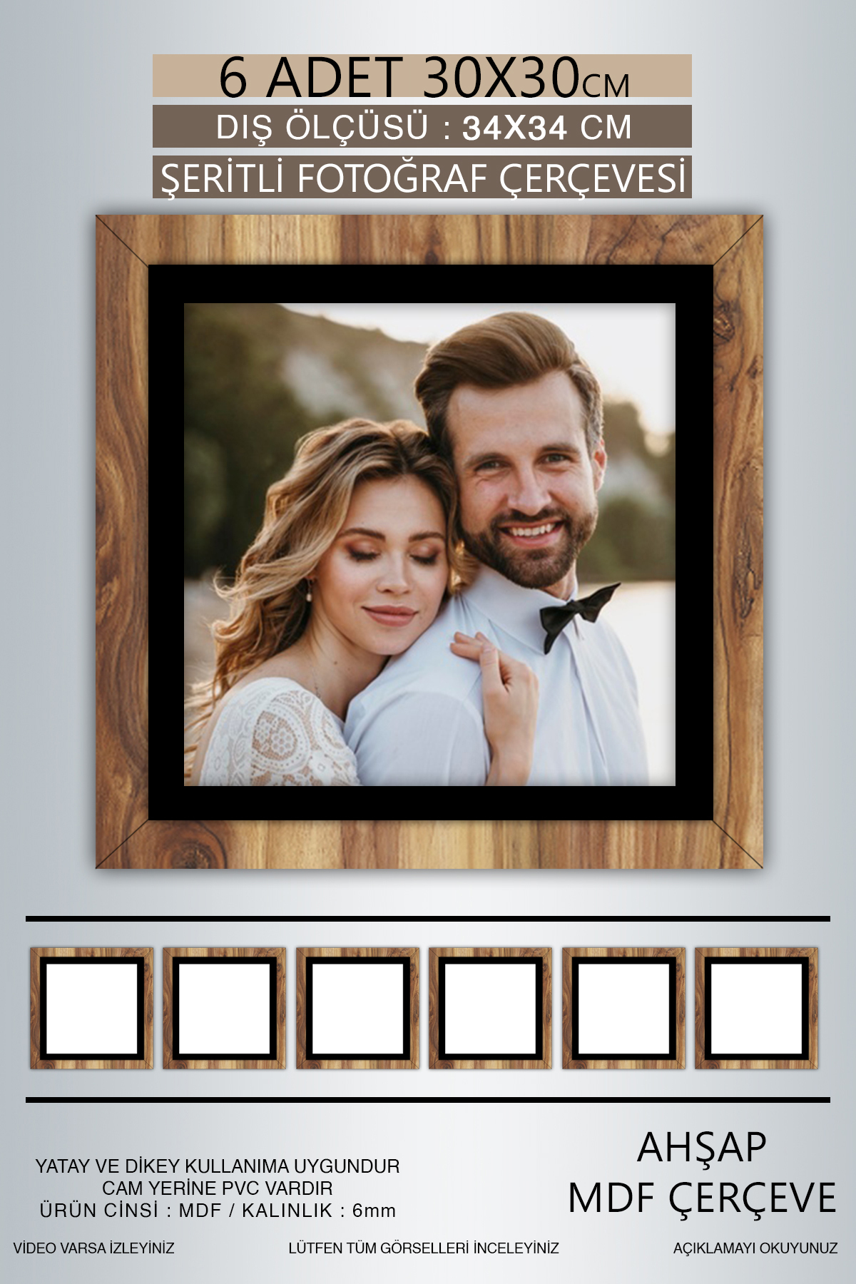 6 Pcs 30x30 Frame - Wooden- Photo Frame with Black Stripe - MDF Frame - Square Frame