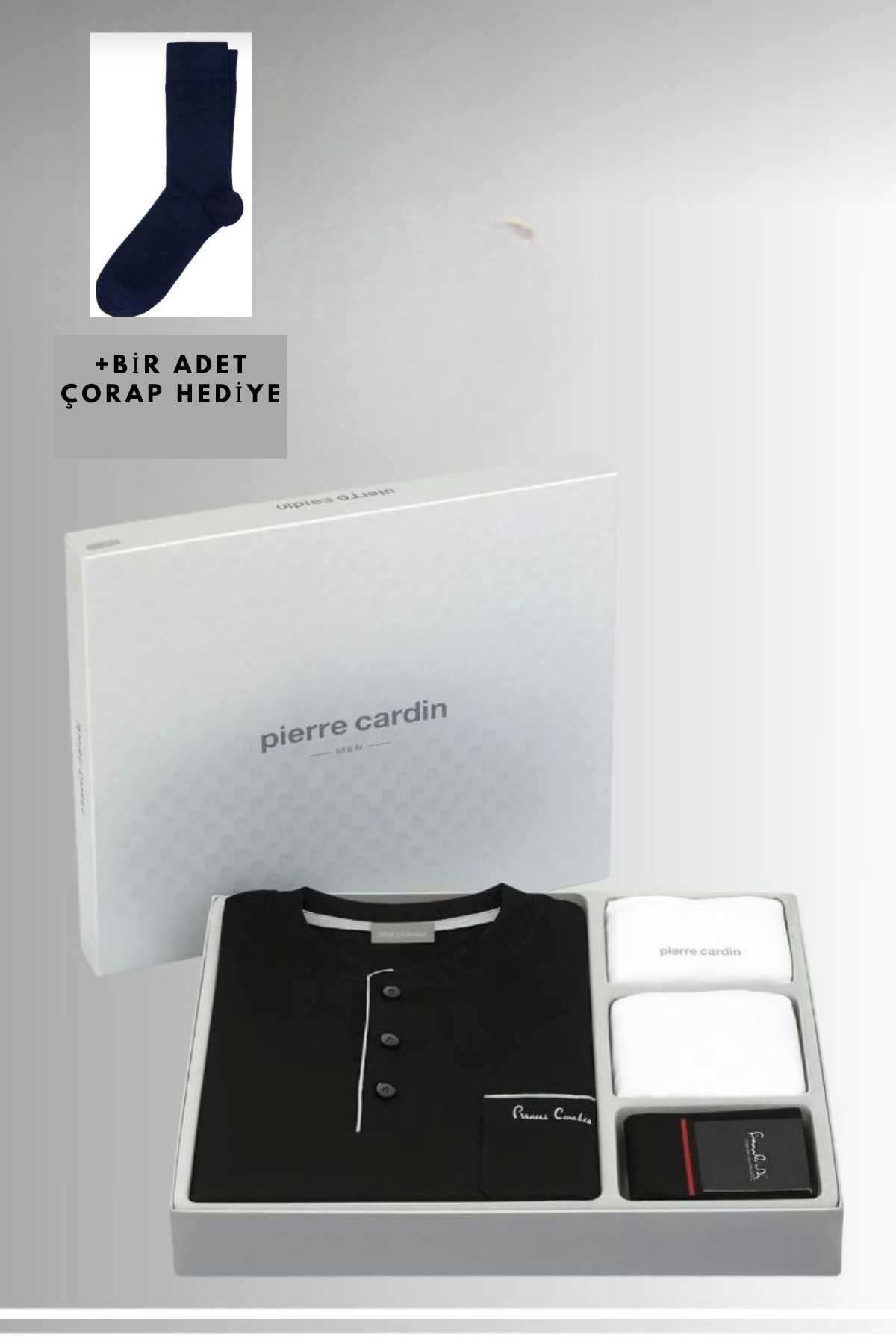 پیر کاردین ست لباس خواب مردانه نخی مشکی، ست هدیه عروس داماد جعبه‌دار + ۱ جفت جوراب هدیه شامل می‌شود