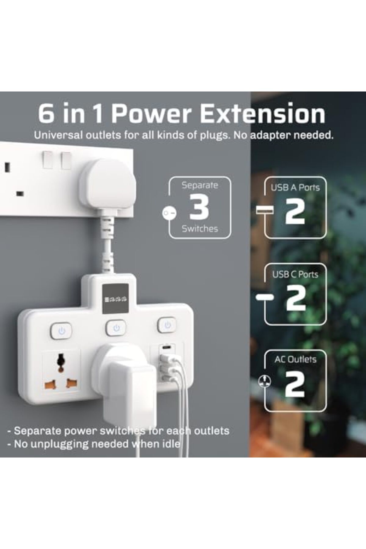 Generic-CREATMOR Extension Cord Power Extender Socket, 2-Outlet Multi Plug Extension Socket with 4 USB Power 3