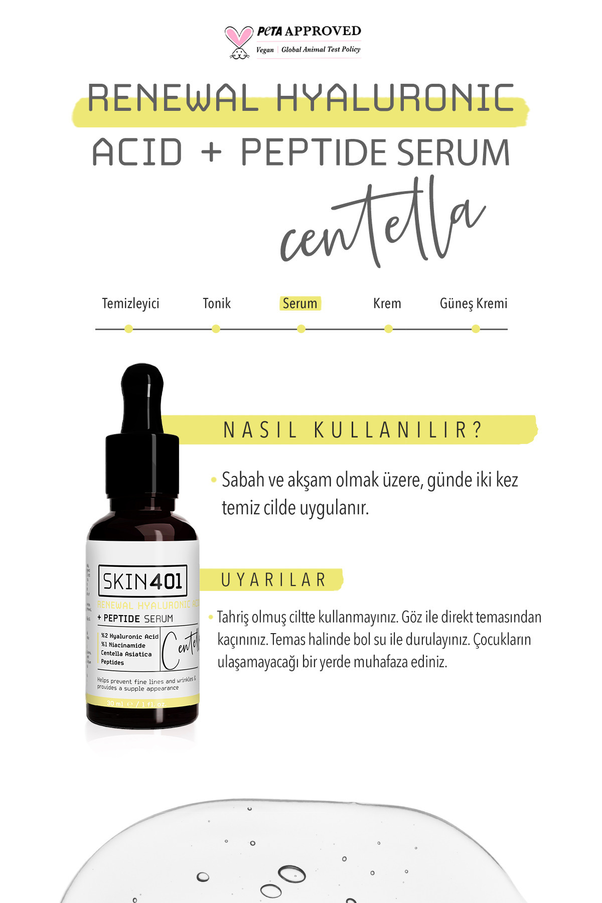 Yenileyici ve Yoğun Nemlendirici %2 Hyaluronik Asit + Peptit Serum 30ml — Skin401-202 — تصویر 4 از 4