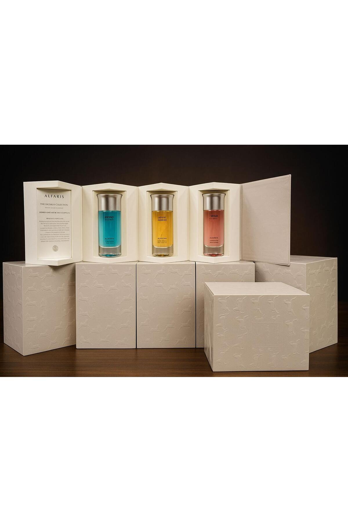 Re-"ALFARIS THE DICSALIS COLLECTION" perfume set with three perfume bottles in an elegant white box decorated with... 1