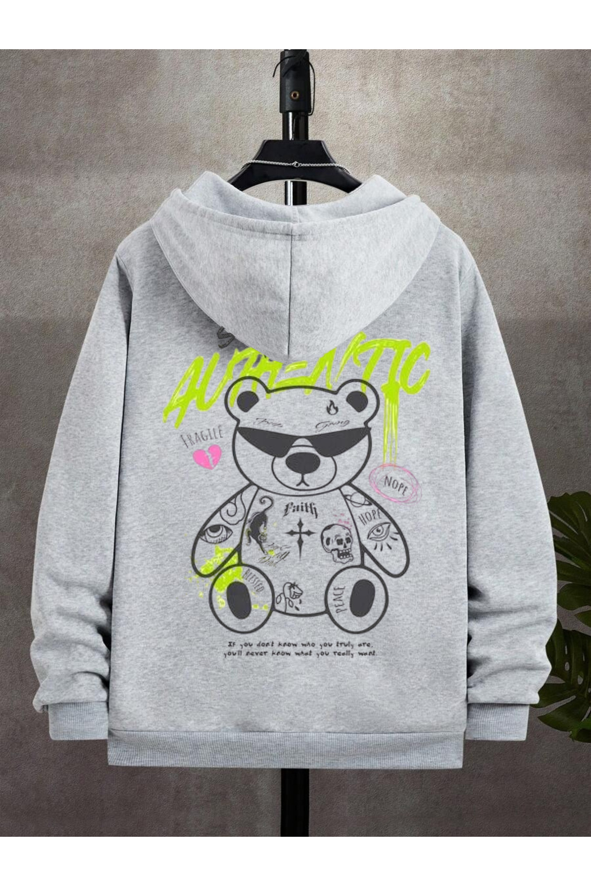 Men's Gray Hooded Zippered Oversize Sweatshirt Winter School Cardigan Raised Printed