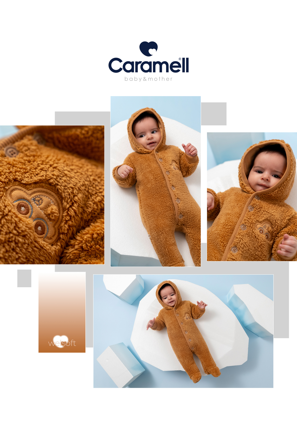 Caramell %100 Pamuk Welsoft Erkek Bebek Tulum (1-12 Ay) Peluş Kışlık Kapüşonlu Tulum fotoğrafı 2 (önizleme)