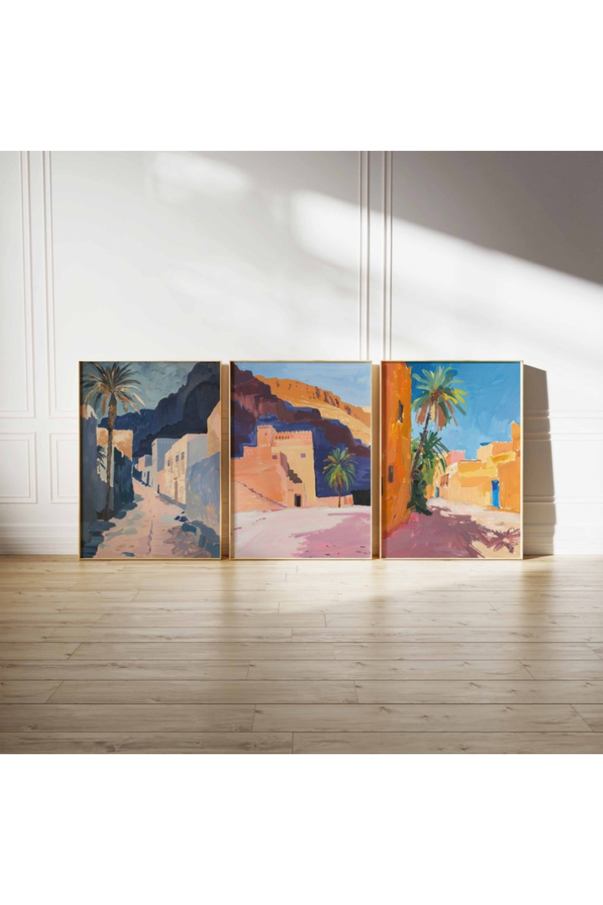 Nuqta-Three canvas paintings - a colorful impressionistic design of Najdi nature and architecture 1