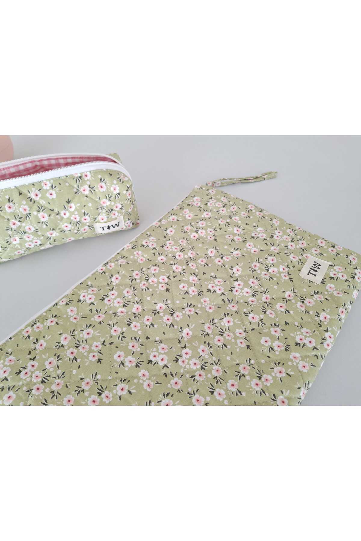 TALL WAY Yeşil Çiçek Desenli Laptop kılıf- Kalem çantası set (10-11-12 inç)