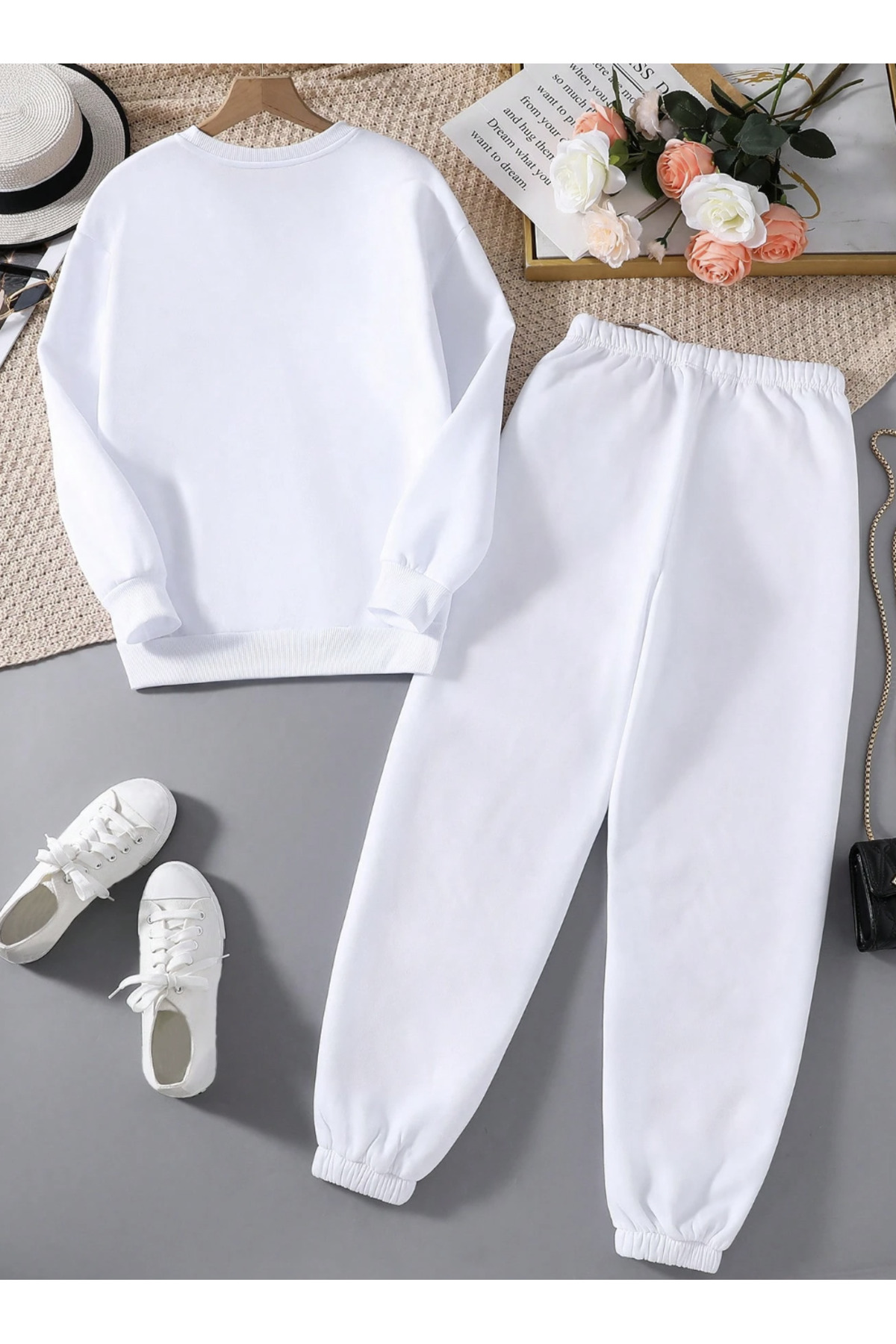 Unisex Kadın/Erkek DÜZ Pamuklu Oversize Jogger Kapüşonlu Sweatshirt Alt Üst Takım — سفید DÜZ-TAKIM-SWEAT-COHERENT- — تصویر 2 از 5