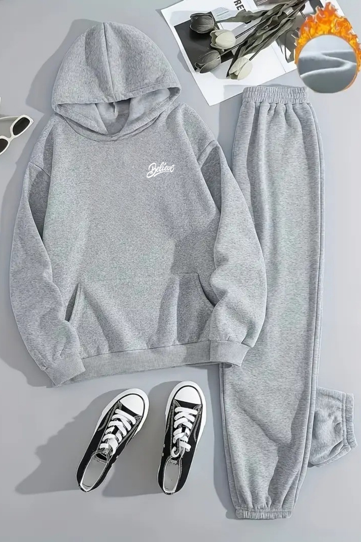 Sweetline Unisex BELİEVE MINIMAL Σετ αθλητικής φόρμας με κουκούλα με στάμπα - Χειμερινό ύφασμα