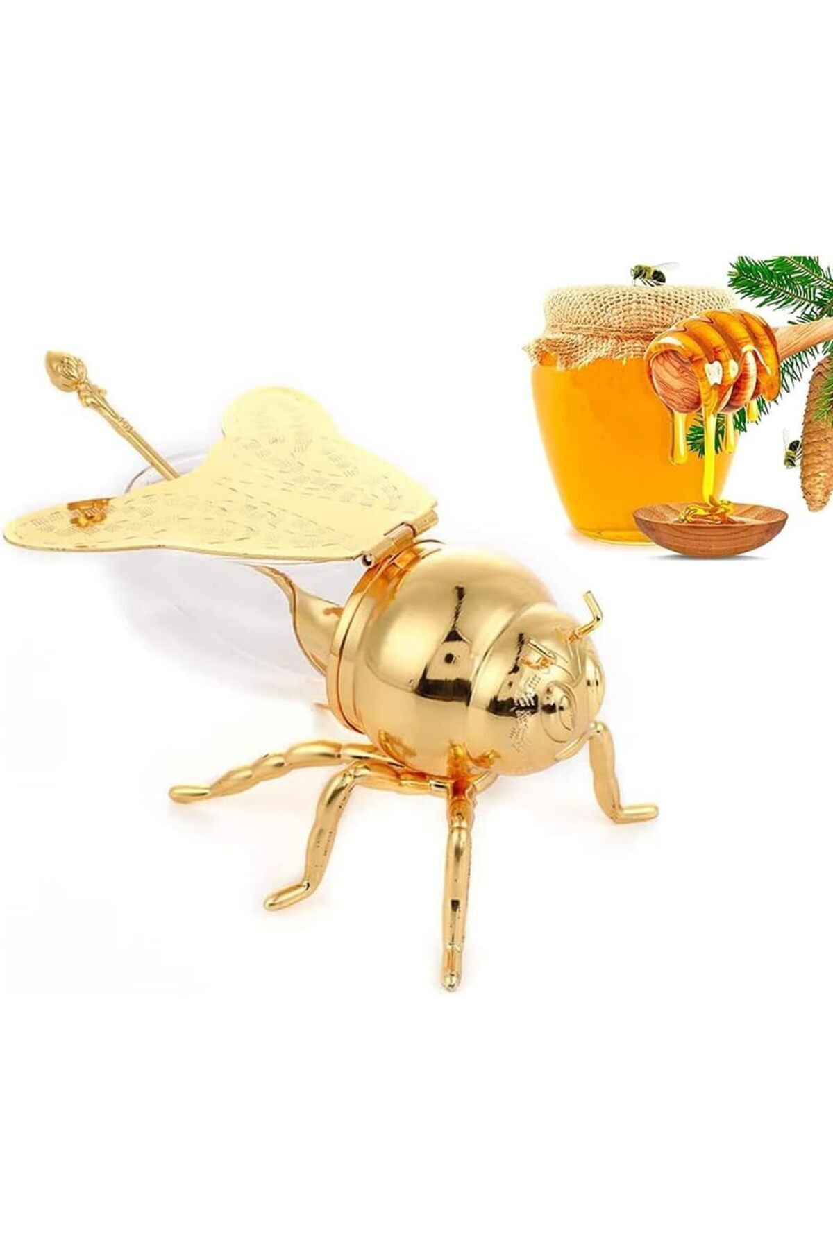 btm home-Bee and Hive Shaped Spoon |   Transparent Patterned Honey and Jam Presentation Storage Container 1