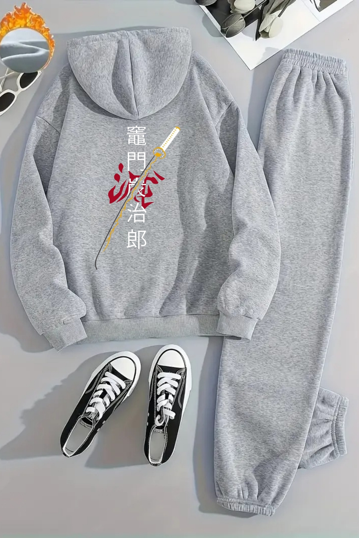 DUBU BUTİK Unisex JAPON KILIÇ Baskılı Kapüşonlu Gri Eşofman Takımı - Kışlık Şardonlu Kumaş