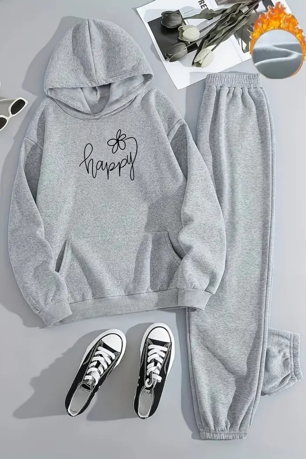 Sweetline Унісекс HAPPY ÇİÇEK Принсований Капюшоном Сірий Спортивний Комплект - Зимовий Шардон Тканина
