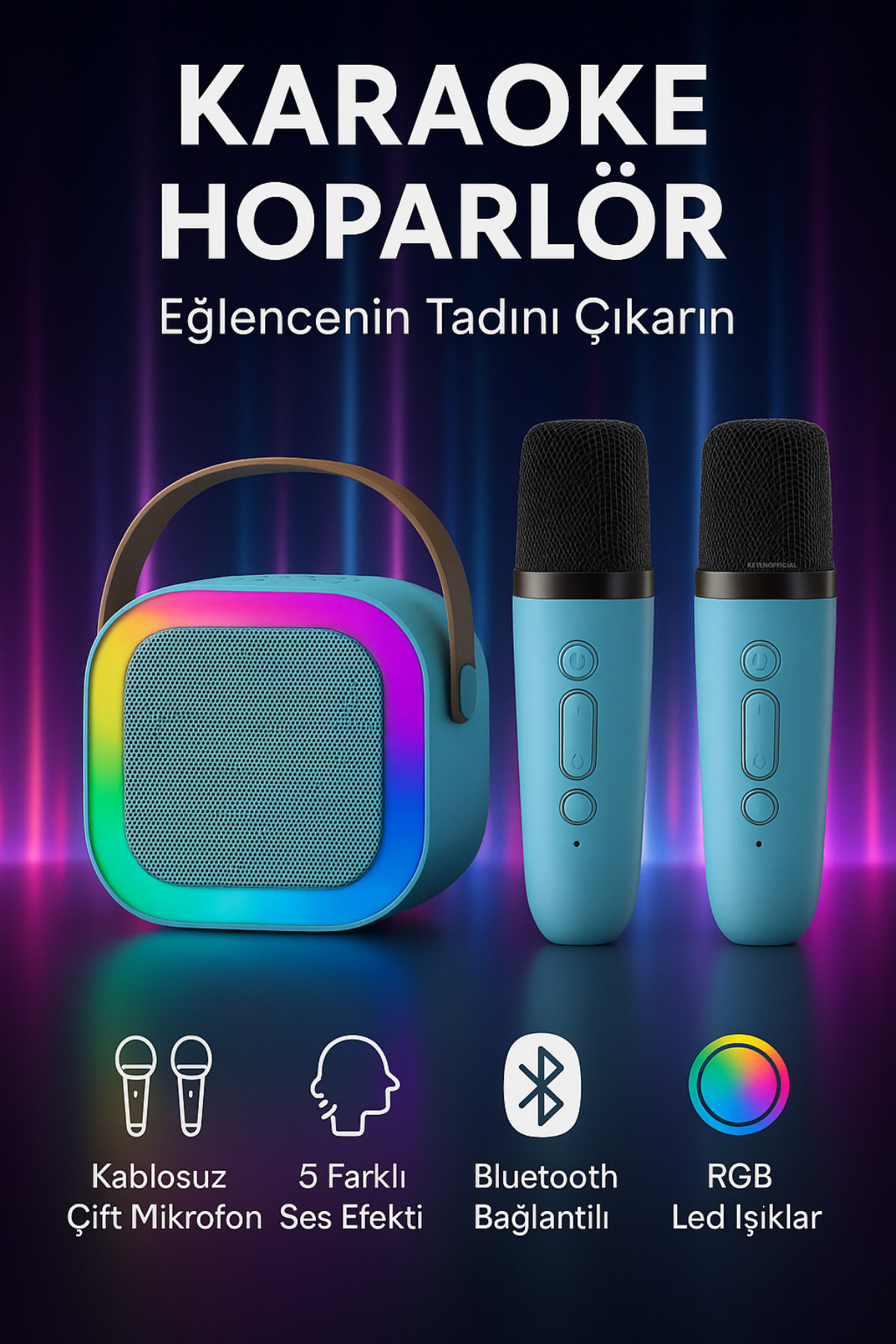 KETENOFFİCİAL Mikrofonlu Bluetooth Karaoke Hoparlör RGB LED Işık 5 Ses Efekti Taşınabilir Ses Bombası