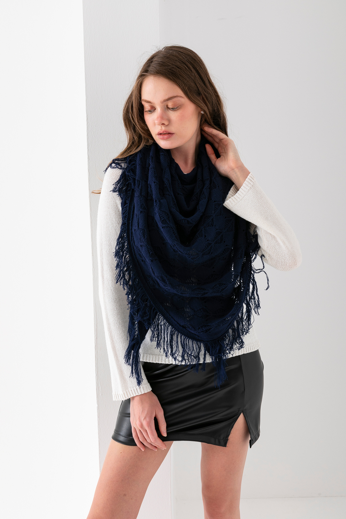 T Crazy-T-Crazy Openwork Patterned Triangle Shoulder Shawl, Stylish and Practical Knitwear Knitted Accessory with Tassels, Triangle Knitwear Shawl 8