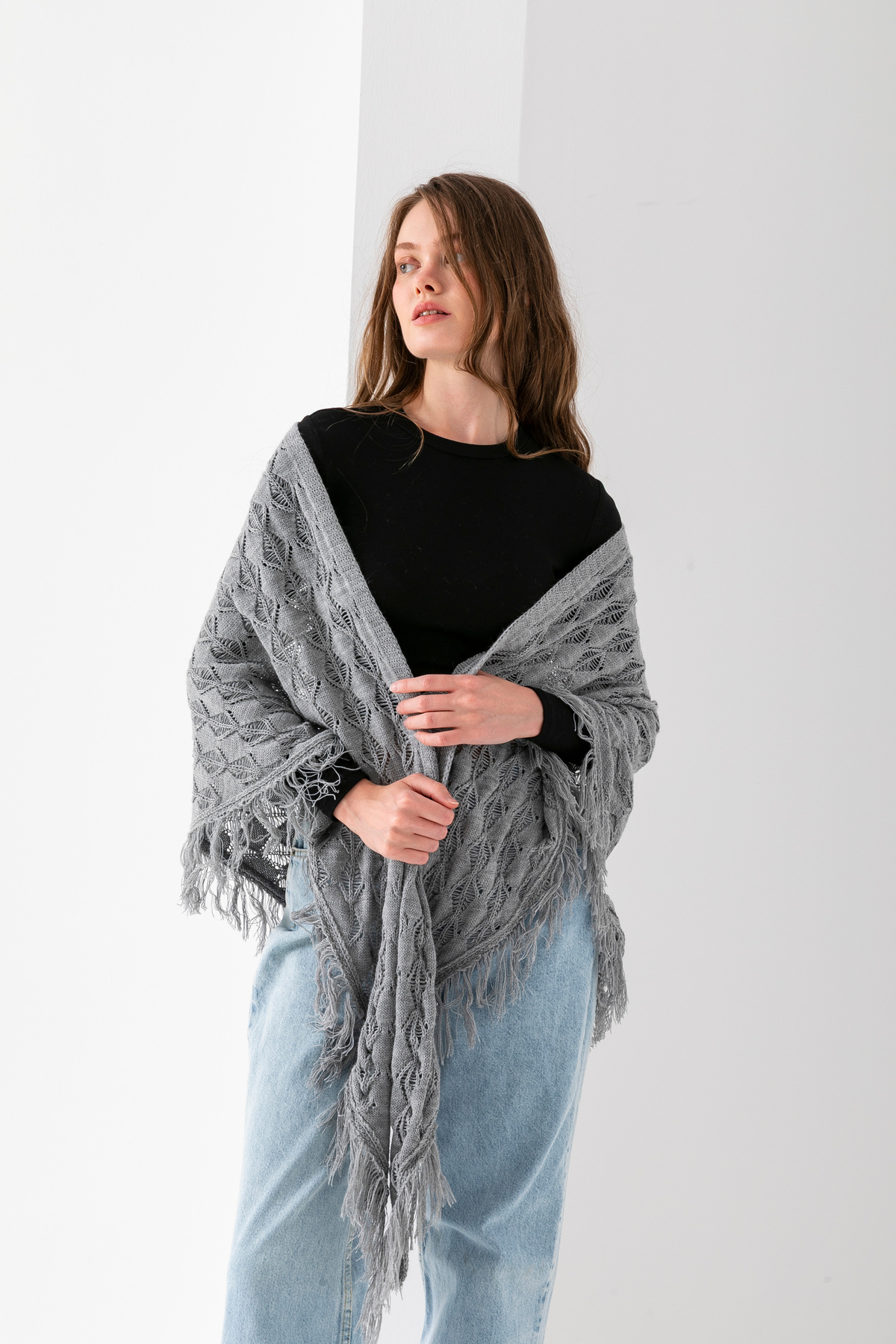 T Crazy-T-Crazy Openwork Patterned Triangle Shoulder Shawl, Stylish and Practical Knitwear Knitted Accessory with Tassels, Triangle Knitwear Shawl 4