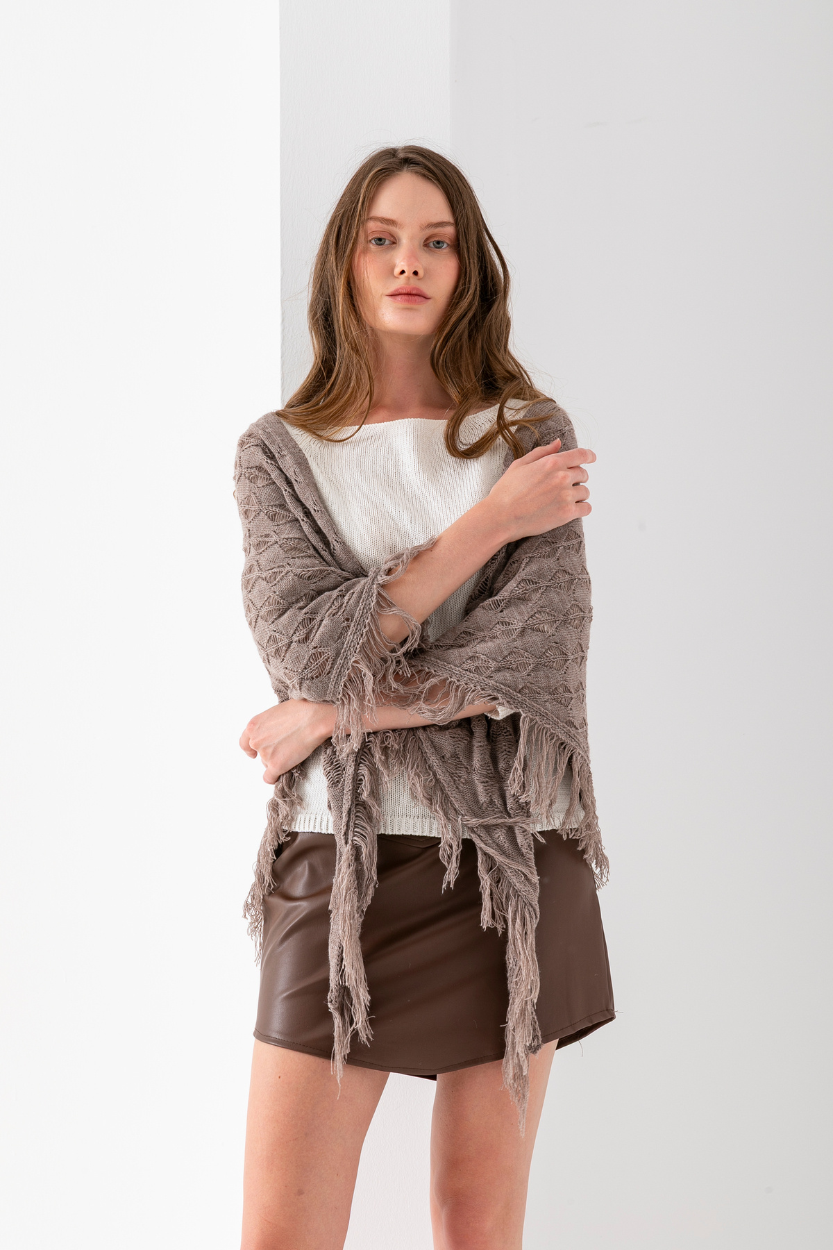 T Crazy-T-Crazy Openwork Patterned Triangle Shoulder Shawl, Stylish and Practical Knitwear Knitted Accessory with Tassels, Triangle Knitwear Shawl 5