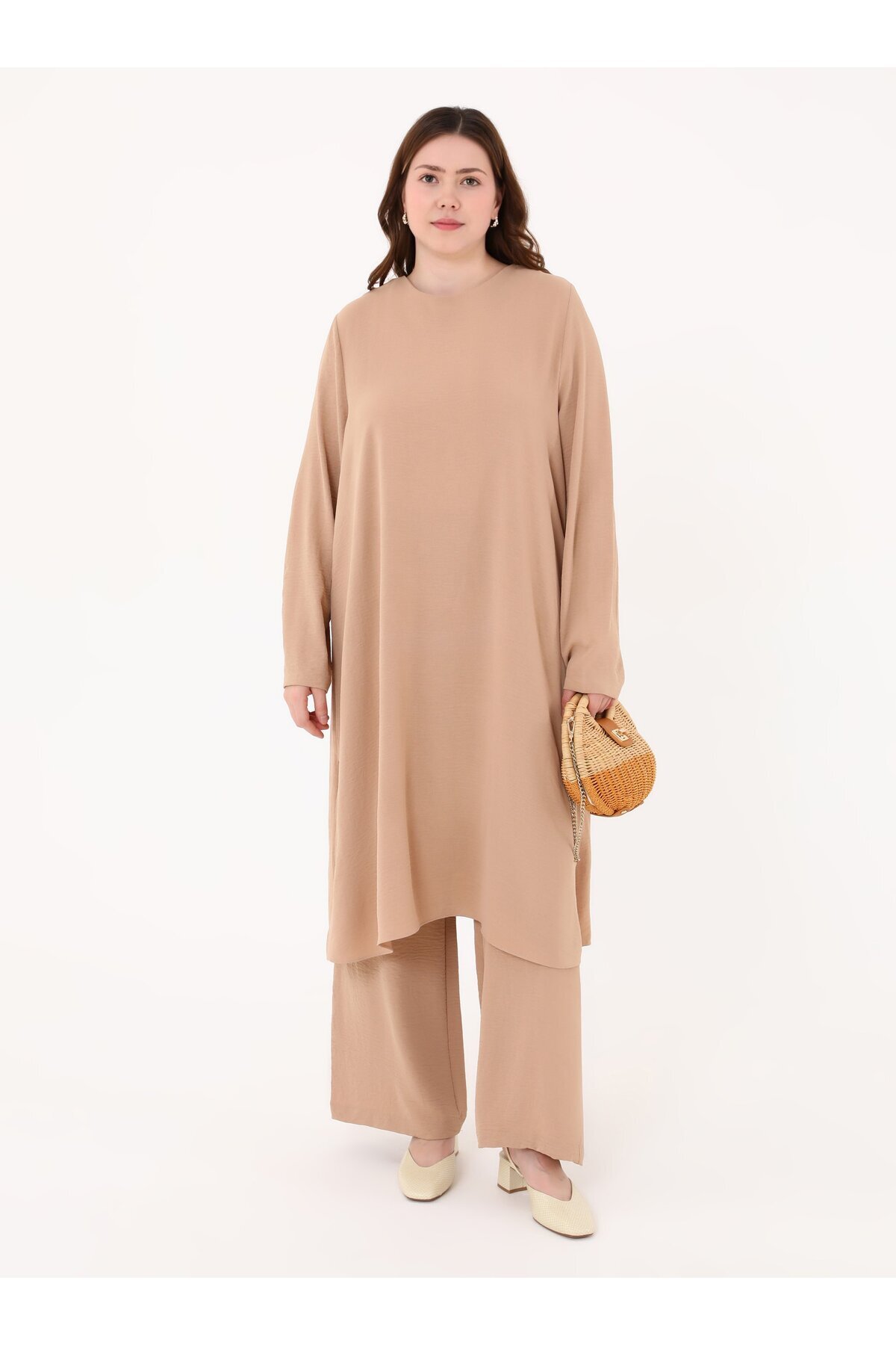 ALİA-Aerobin Basic Tunic&Pants Plus Size Double Set - Camel - 1