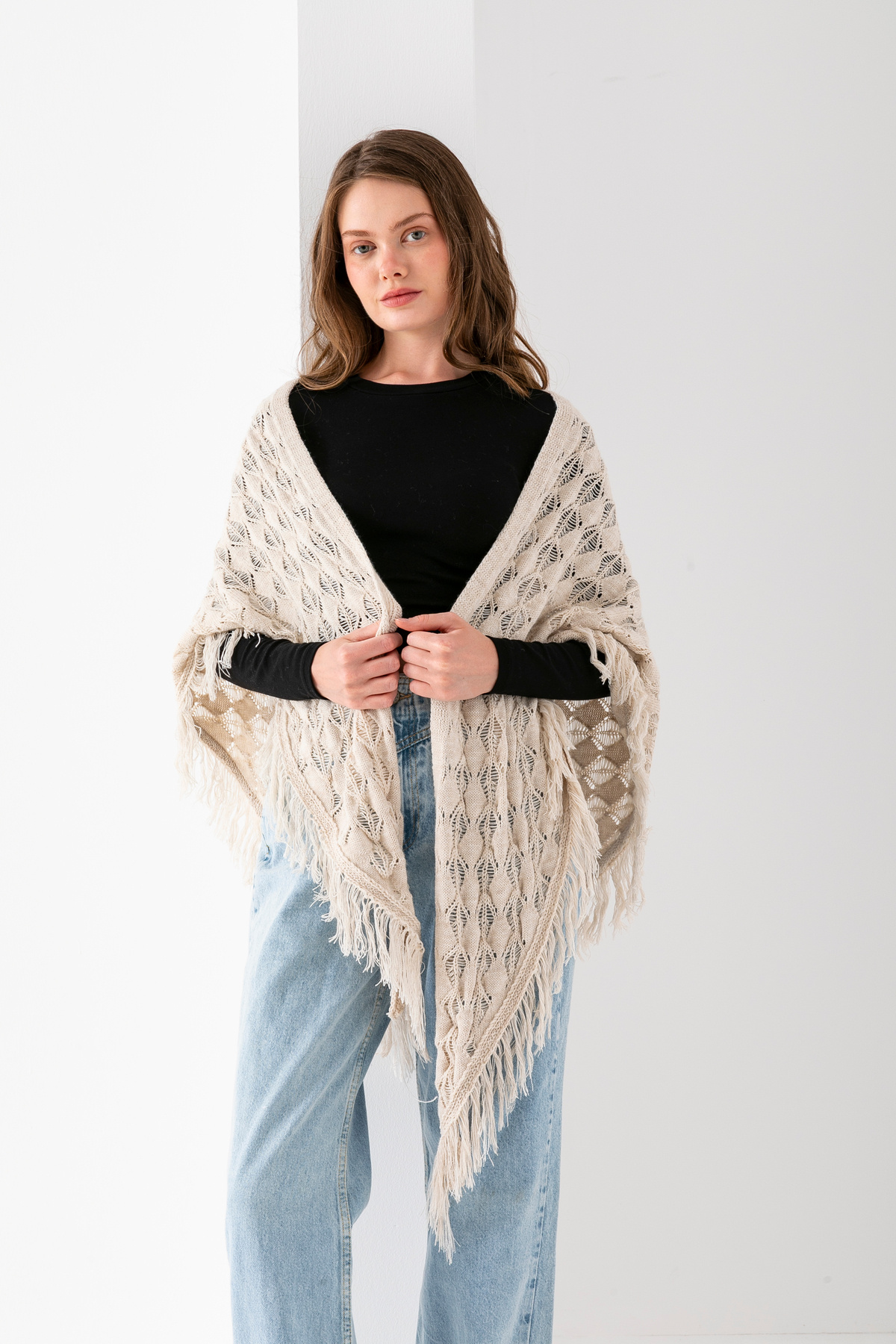 T Crazy-T-Crazy Openwork Patterned Triangle Shoulder Shawl, Stylish and Practical Knitwear Knitted Accessory with Tassels, Triangle Knitwear Shawl 1