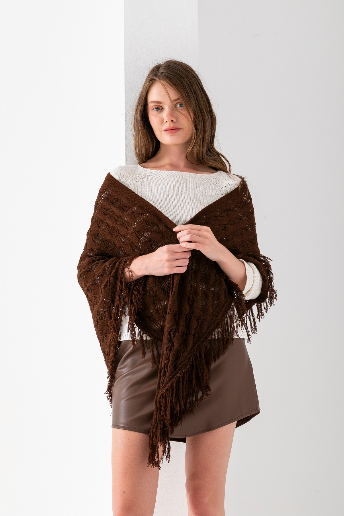 T Crazy-T-Crazy Openwork Patterned Triangle Shoulder Shawl, Stylish and Practical Knitwear Knitted Accessory with Tassels, Triangle Knitwear Shawl 1