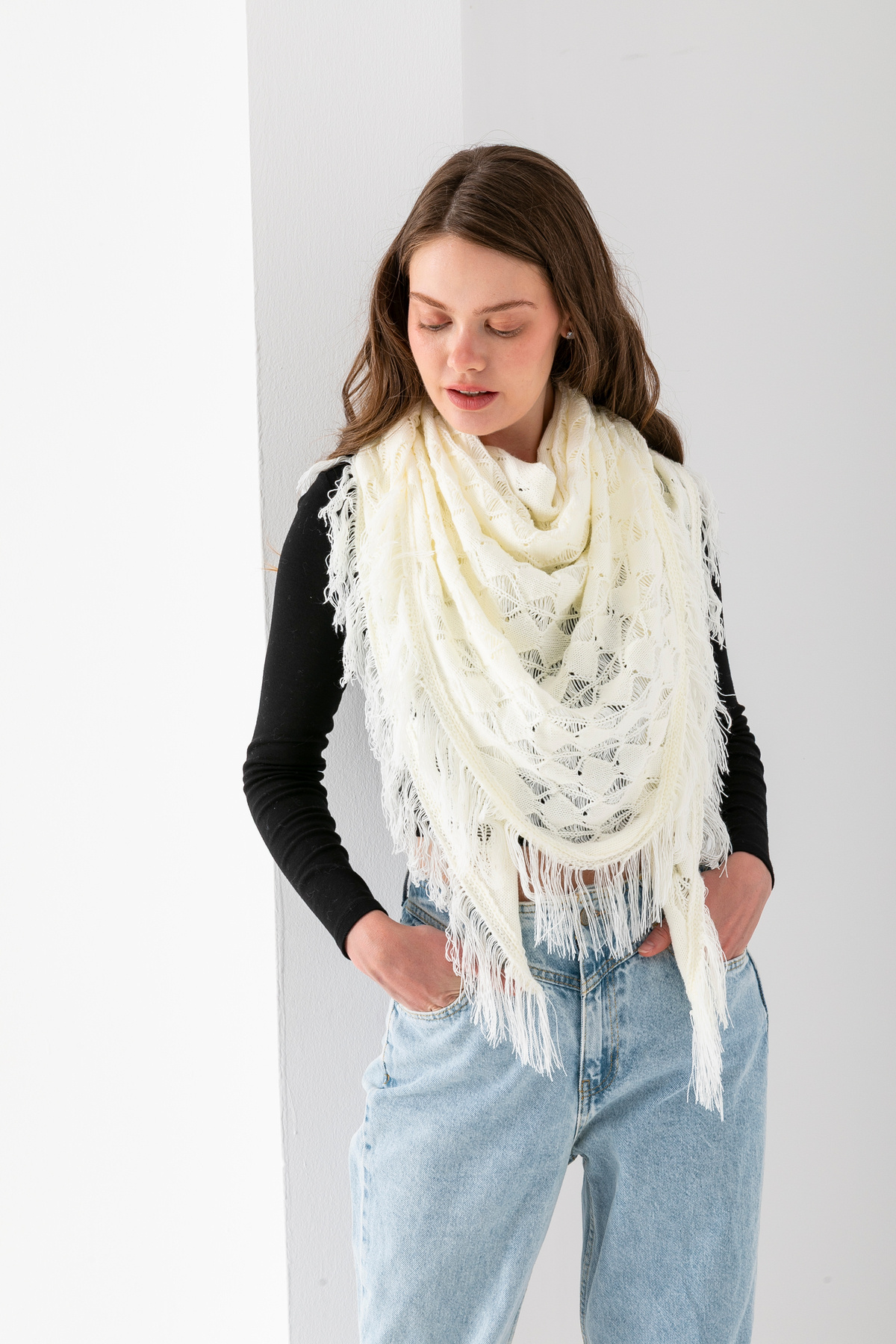 T Crazy-T-Crazy Openwork Patterned Triangle Shoulder Shawl, Stylish and Practical Knitwear Knitted Accessory with Tassels, Triangle Knitwear Shawl 7