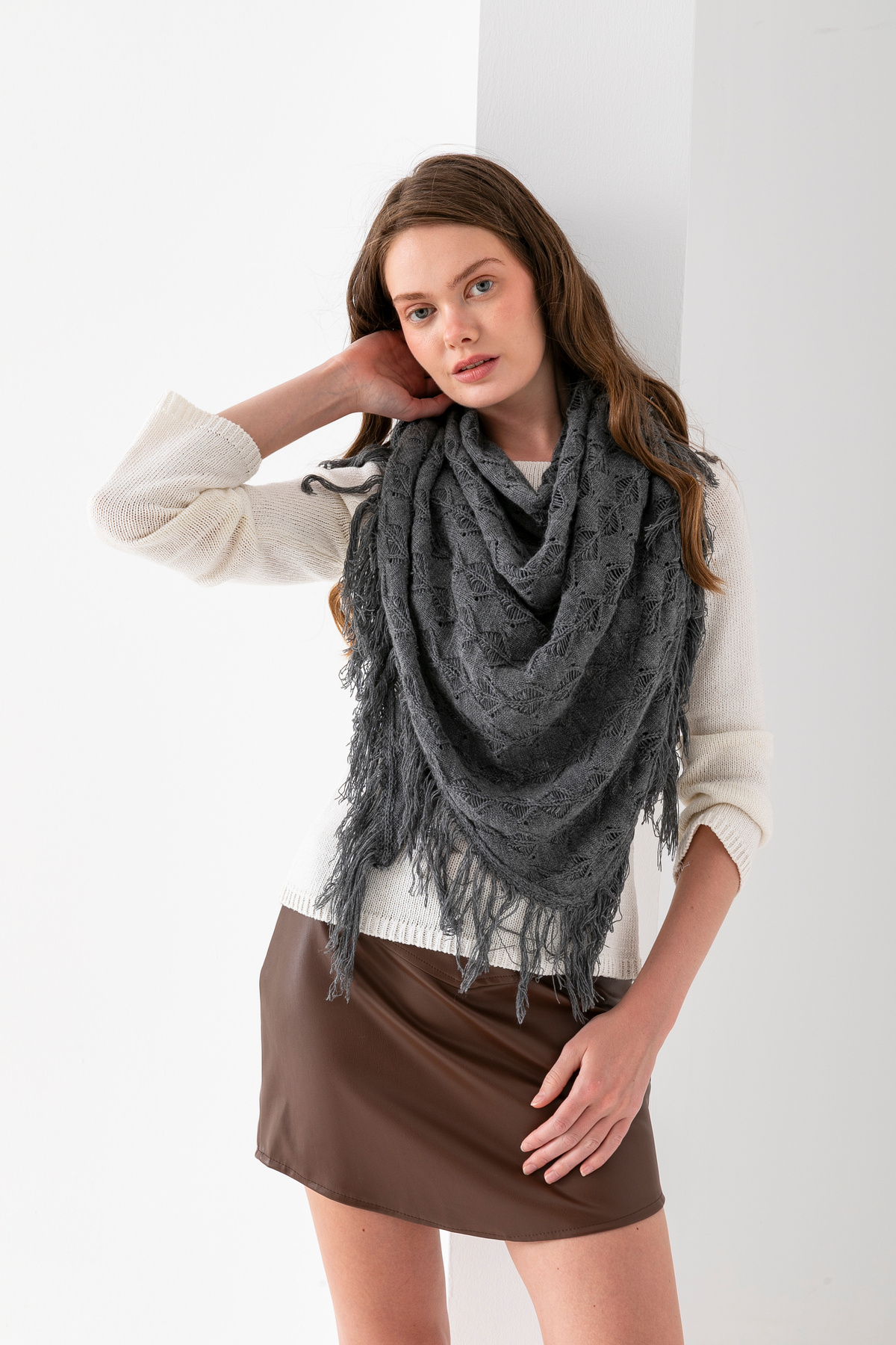T Crazy-T-Crazy Openwork Patterned Triangle Shoulder Shawl, Stylish and Practical Knitwear Knitted Accessory with Tassels, Triangle Knitwear Shawl 8
