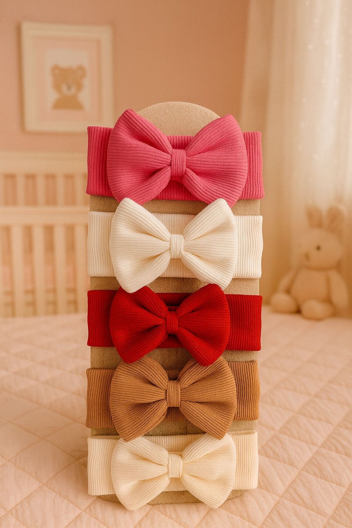 Pico Baby Kız Bebek & Çocuk Çift Kat Fiyonklu Bandana 5’li Set (Pembe/Beyaz/Kırmızı/Kahverengi/Beyaz)