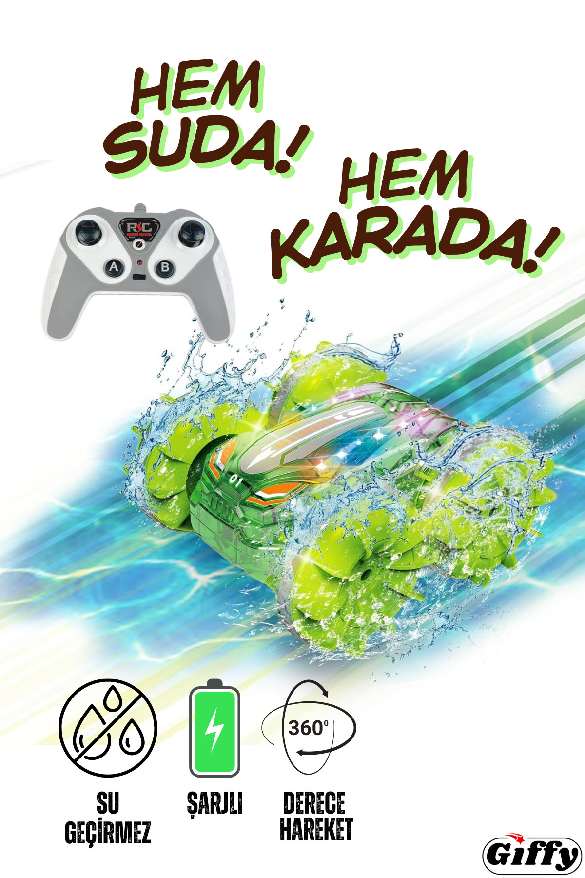 Genel Markalar Oyuncak Suda ve Karada Giden Uzaktan Kumandalı Araba 360° Hareket Edebilen Şarjlı Işıklı 4x4 Araç