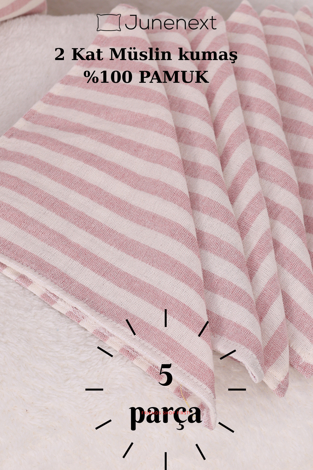 jn junenext 5 Adet Çizgili Müslin Bebek Ağız Mendili %100 Pamuk Çift Kat Müslin